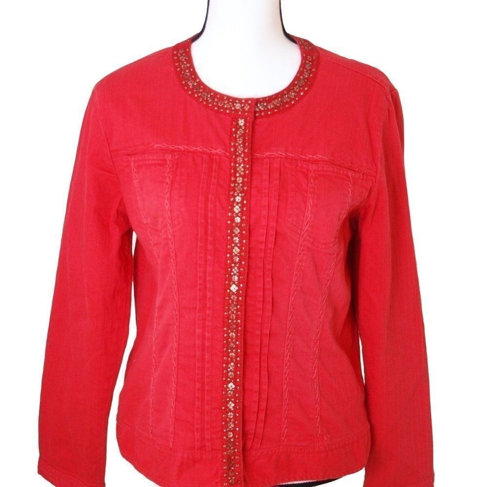 Chicos Red Statement Jacket Topper Size 1 M Open Front Patterned Blazer - Picture 2 of 11